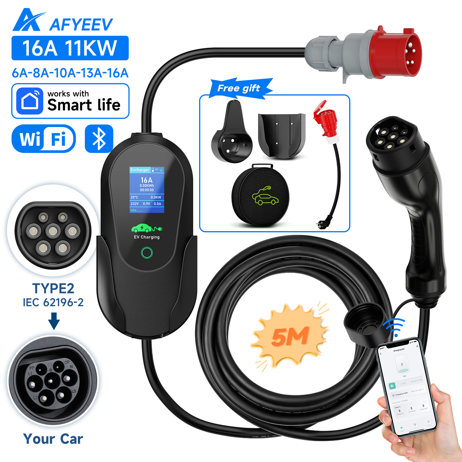 AFYEEV Type2 شاحن سيارات كهربا - مراجعة Type 2 Portable Ev Charger 11Kw Cee وسعره